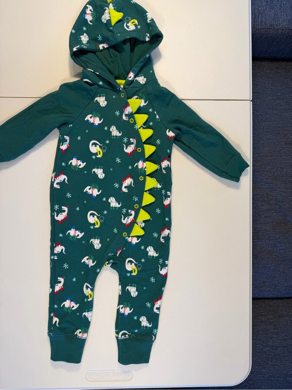 Cat & Jack Baby 6-9M Christmas Dinosaur Hooded Romper Green 3D Spikes